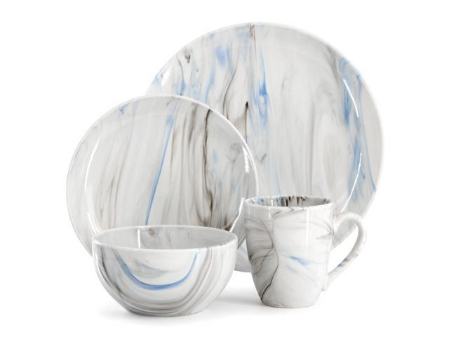 Elama Fine Marble 16 Piece Porcelain Dinnerware Set in Blue and Gray