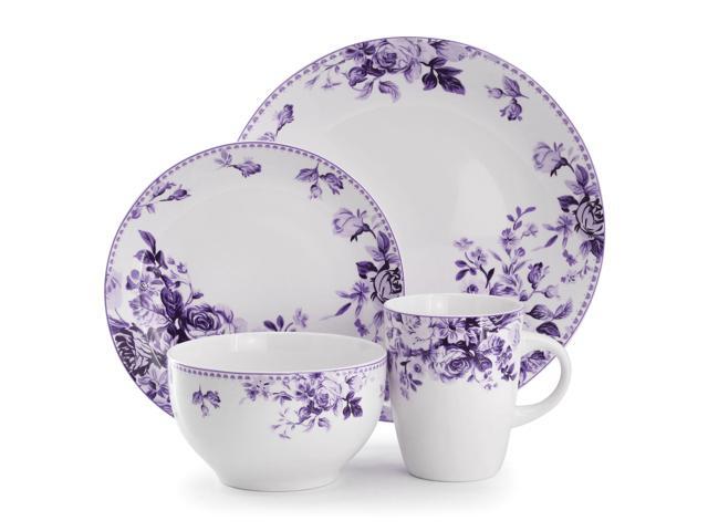 Elama Traditional Purple Rose 16 Piece Stoneware Dinnerware Set