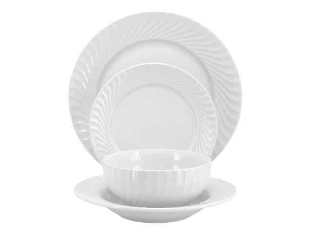 Elama Julia 16 Piece Scalloped Double Bowl Porcelain Dinnerware Set in White