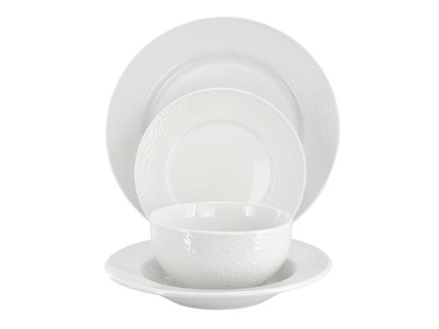 Elama Soyer 16 Piece Textured Design Double Bowl Porcelain Dinnerware Set in White