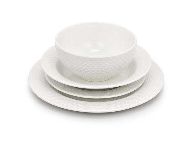 Elama Kim 16 Piece Hobnail Double Bowl Porcelain Dinnerware Set in White