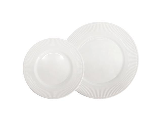 Elama Kate 16 Piece Textured Trim Double Bowl Porcelain Dinnerware Set in White