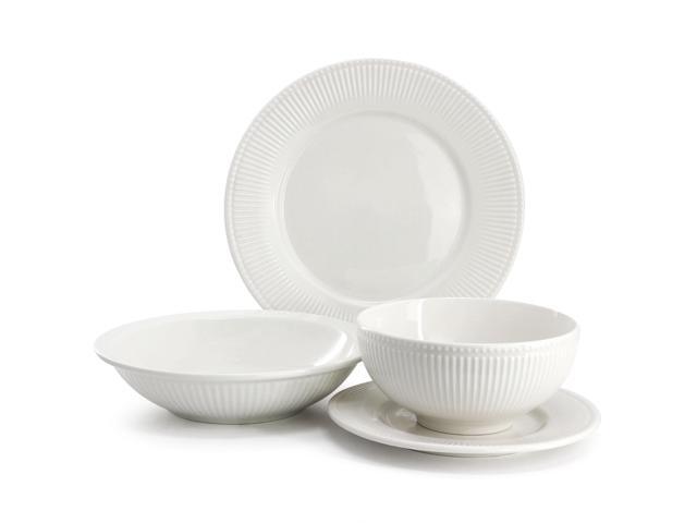 Elama Kate 16 Piece Textured Trim Double Bowl Porcelain Dinnerware Set in White