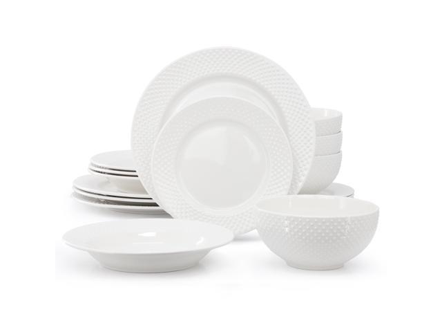 Elama Kim 16 Piece Hobnail Double Bowl Porcelain Dinnerware Set in White