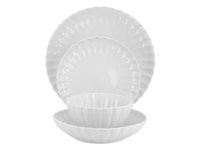 Elama Jane 16 Piece Scalloped Double Bowl Porcelain Dinnerware Set in White