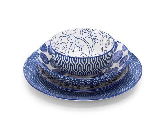 Elama Aurora 16 Piece Assorted Porcelain Double Bowl Dinnerware Set in Blue