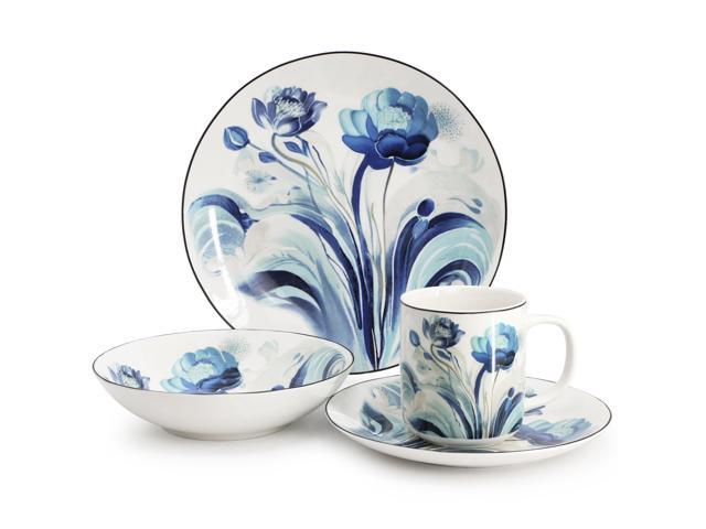 Elama Peony Garden 16 Piece Floral Design Round Porcelain Dinnerware Set in Blue