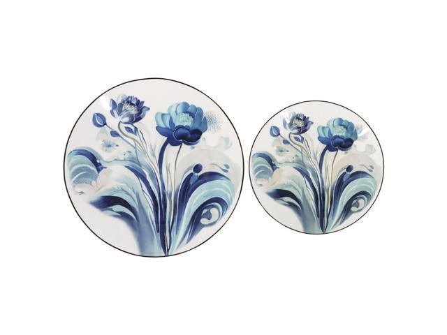 Elama Peony Garden 16 Piece Floral Design Round Porcelain Dinnerware Set in Blue