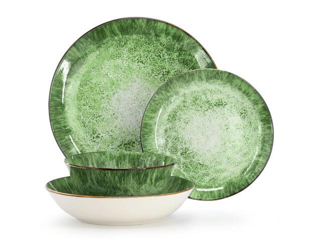 Elama Oceanus 16 Piece Porcelain Double Bowl Dinnerware Set in Green