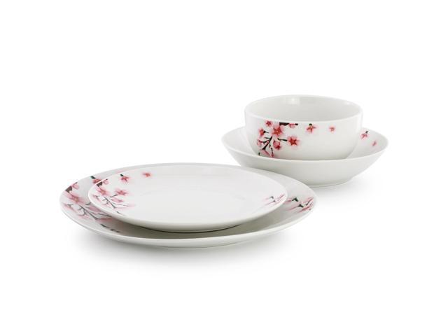 Elama Tamara 16 Piece Cherry Blossom Porcelain Double Bowl Dinnerware Set, Service for 4 in White and Pink