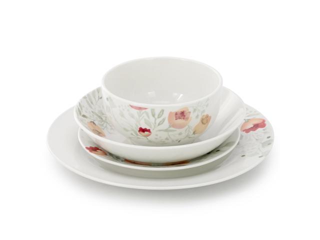 Elama Poppy 16 Piece Porcelain Double Bowl Dinnerware Set, Service for 4
