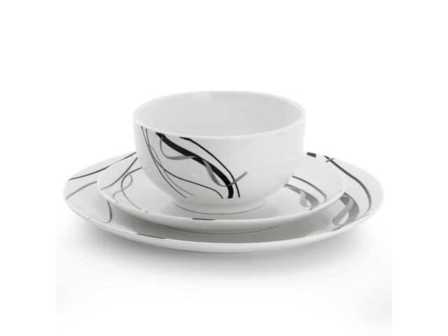 Elama Sarah 12 Piece Porcelain Black Ribbon Dinnerware Set, Service for 4 in White and Black