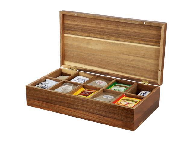 MegaChef Acacia Wood 14.25 x 7.5 Inch 10 Compartment Tea Box