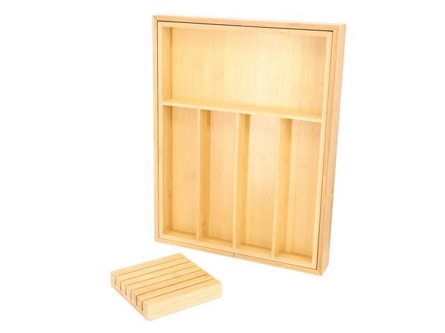 MegaChef Adjustable Bamboo Drawer Storage and Organization Tray with Removable Knife Block