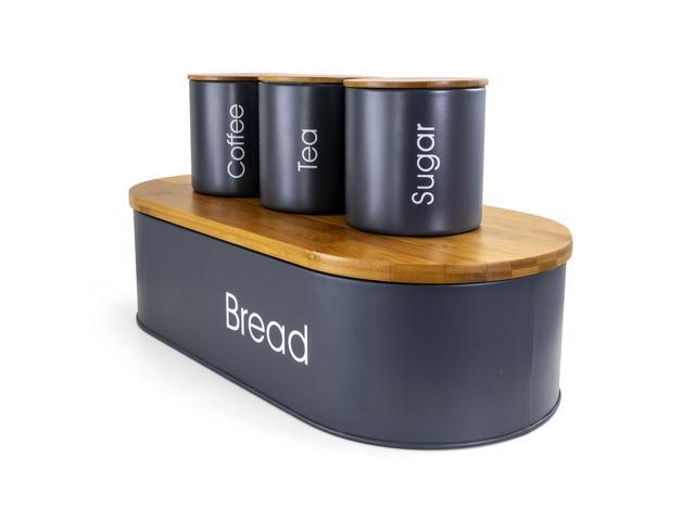 MegaChef Bamboo Kitchen Countertop 4 Piece Metal Bread Basket and Canister Set in Gray with Lids