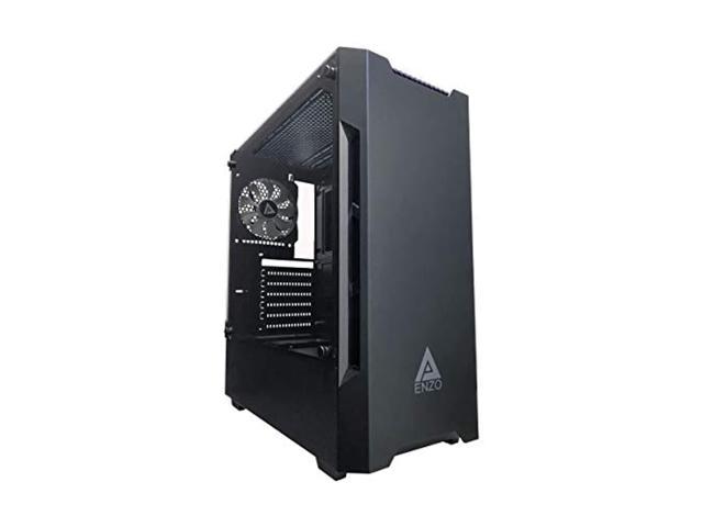 apevia enzo-bk mid tower gaming case with 1 x tempered glass panel, top usb3.0/usb2.0/audio ports, 1 x black/white fan, black frame