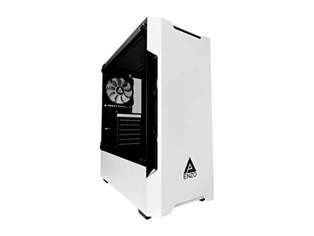 apevia enzo-wh mid tower gaming case with 1 x tempered glass panel, top usb3.0/usb2.0/audio ports, 1 x black/white fan, white frame