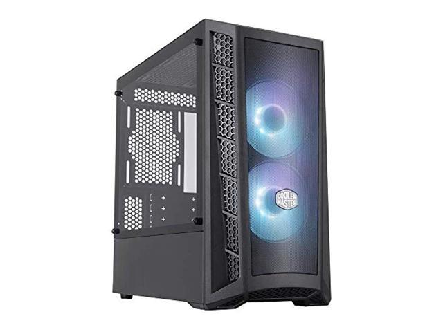 cooler master masterbox mb311l argb micro-atx airflow pc case with two pre-installed argb fans, a fine mesh front panel, mesh side intakes.