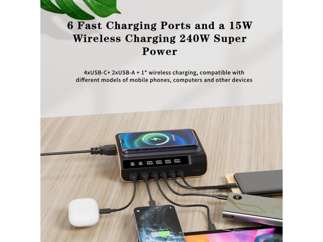TIBURN 240W GaN Charger Station Desktop with Digital Display Screen USB C Fast Charging Wireless Charger USB A Charger Power Adapter for iPad Phone...