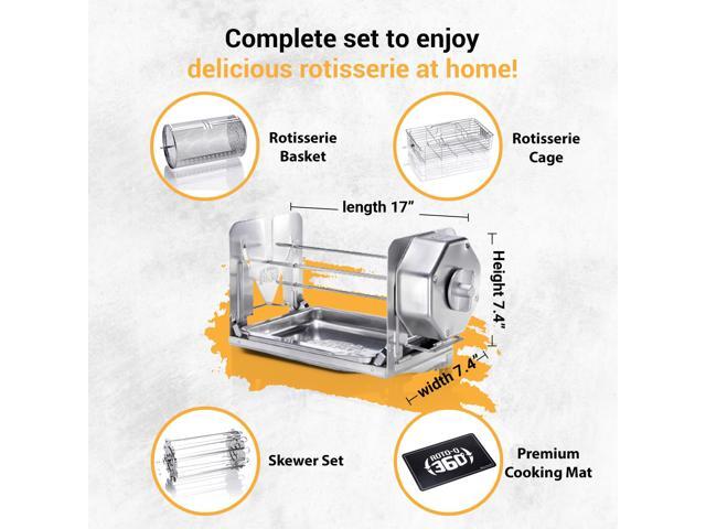 ROTO-Q 360 Family Bundle Universal Stainless Steel Non-Electric, Cordless Rotisserie with Basket, Flat Cage, Skewers & Mat For Grills, Ovens,...
