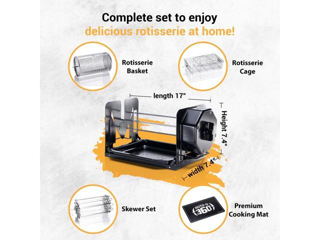ROTO-Q 360 Family Bundle Universal BLACK Non-Electric, Cordless Rotisserie with Basket, Flat Cage, Skewers & Mat For Grills, Ovens, Smokers & BBQ