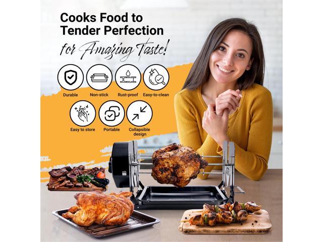 ROTO-Q 360 Family Bundle Universal BLACK Non-Electric, Cordless Rotisserie with Basket, Flat Cage, Skewers & Mat For Grills, Ovens, Smokers & BBQ