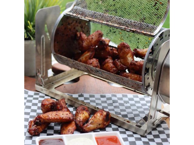 ROTO-Q 360 Basic Set + Basket Bundle (Stainless Steel) Universal Non-Electric, Cordless Rotisserie with Round Basket Portable BBQ Rotisserie...