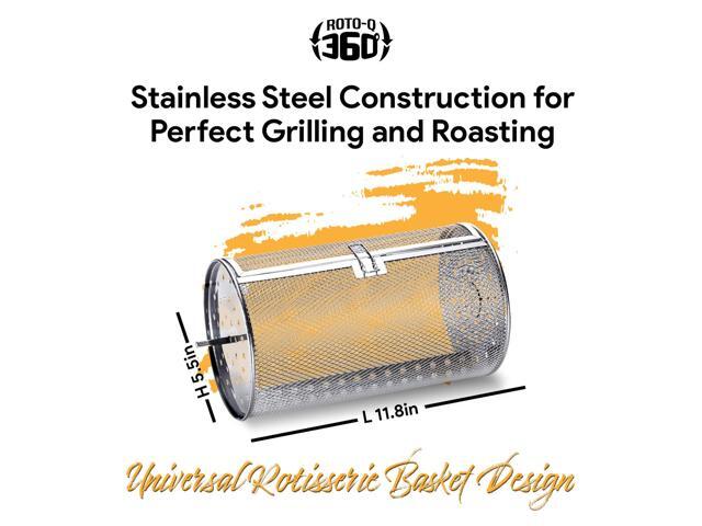 ROTO-Q 360 Basic Set + Basket Bundle (Stainless Steel) Universal Non-Electric, Cordless Rotisserie with Round Basket Portable BBQ Rotisserie...