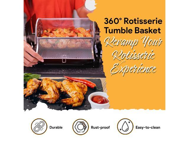 ROTO-Q 360 Basic Set + Basket Bundle (Black) Universal Non-Electric, Cordless Rotisserie with Round Basket Portable BBQ Rotisserie Kit for...