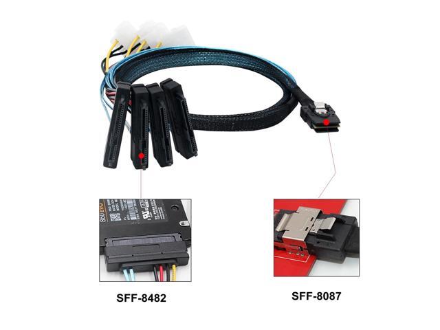 Internal Mini SAS SFF-8087 to (4) 29pin SFF-8482 connectors with SATA Power, 1M / 3.3FT