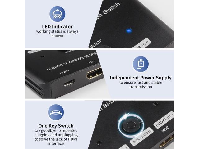 Upgraded HDMI 2.1 Switch 4K@120Hz, Vszerda Bidirectional 48Gbps HDMI Switcher with 2in 1out or 1in 2out Supports 8K@60Hz 4K@120Hz 2K@144Hz & Fits...