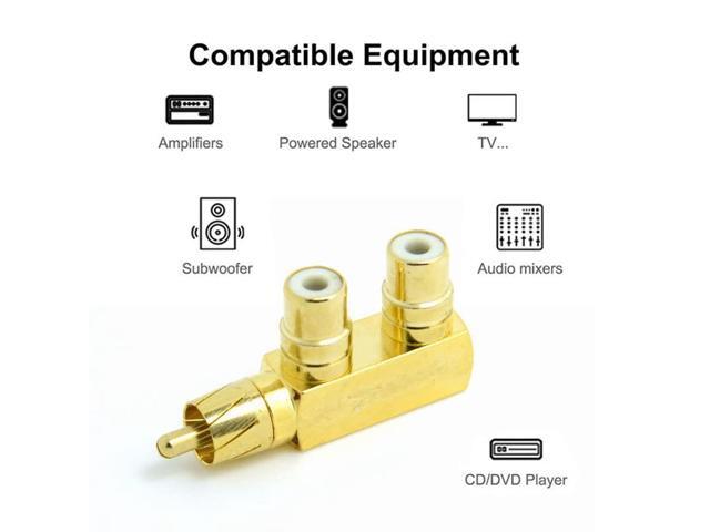 Vszerda AV Audio Splitter Plug RCA Adapter 1 Male to 2 Female F Connector Gold Plated 90 Degree Angled Type