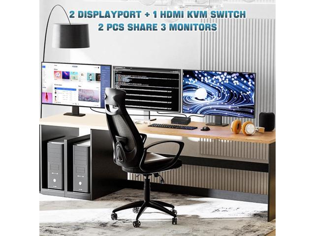 Vszerda HDMI + 2 Displayport 3 Monitor KVM Switch USB 3.0 for 2 Computers, 4K@60Hz Triple Monitor KVM Switch with Audio and 3 USB 3.0 Ports, 2...
