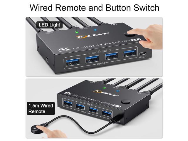 KVM Switch 2 Computers 1 Monitor Displayport, USB 3.0 KVM Switch Displayport 4K@144Hz for 2 Computer Share 1 Monitor and 4 USB Devices, with Wired...