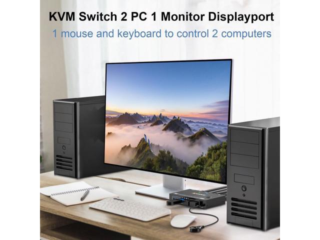 KVM Switch 2 Computers 1 Monitor Displayport, USB 3.0 KVM Switch Displayport 4K@144Hz for 2 Computer Share 1 Monitor and 4 USB Devices, with Wired...