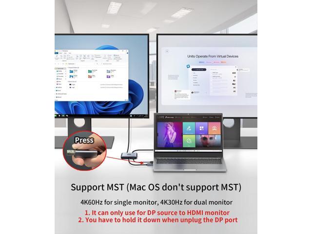 KEHIPI DisplayPort to Dual HDMI Adapter, 4K@60Hz male DP computer to female HDMI monitor for 2 Monitors, 1 in 2 out MST Display converter with...