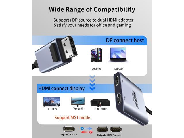 KEHIPI DisplayPort to Dual HDMI Adapter, 4K@60Hz male DP computer to female HDMI monitor for 2 Monitors, 1 in 2 out MST Display converter with...