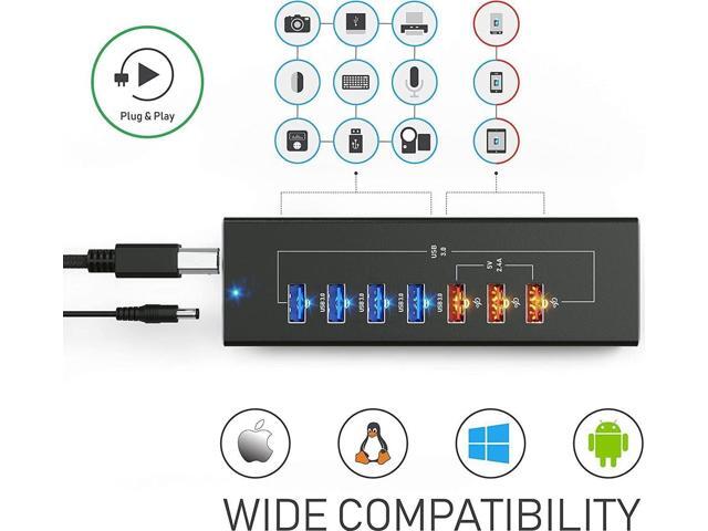 Powered USB Hub - Multi-Port USB Hub with 7 USB 3.0 Ports, 3 Fast Charging USB 3 0 Ports, with Cords C and A, Power USB HUB Adapter