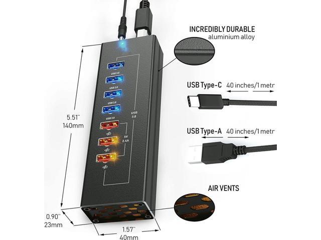 Powered USB Hub - Multi-Port USB Hub with 7 USB 3.0 Ports, 3 Fast Charging USB 3 0 Ports, with Cords C and A, Power USB HUB Adapter