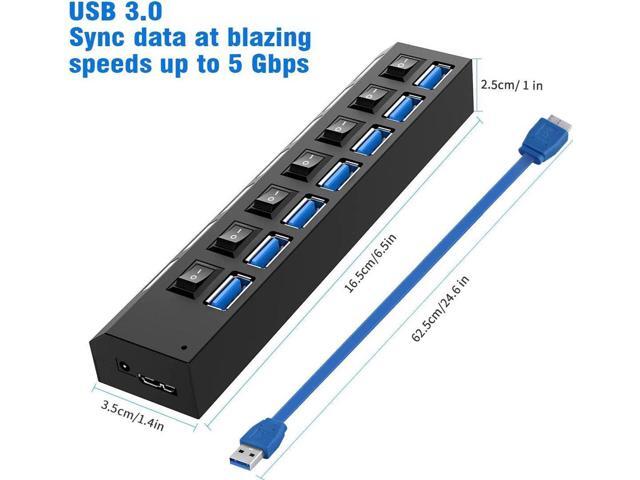 Multi Port USB Splitter7 Port USB 3.0 Hub, USB A Port Data Hub with Independent On/Off Switch and LED Indicators, Lights for Laptop, PC, Computer,...