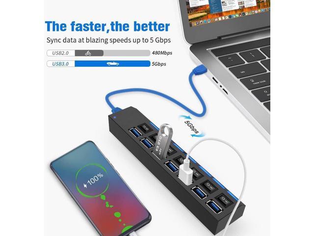 Multi Port USB Splitter7 Port USB 3.0 Hub, USB A Port Data Hub with Independent On/Off Switch and LED Indicators, Lights for Laptop, PC, Computer,...