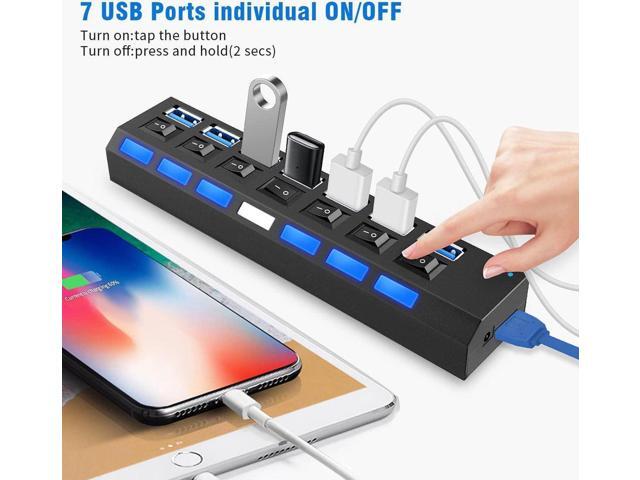 Multi Port USB Splitter7 Port USB 3.0 Hub, USB A Port Data Hub with Independent On/Off Switch and LED Indicators, Lights for Laptop, PC, Computer,...