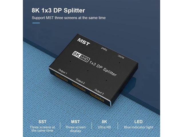 8K DisplayPort Splitter 1 in 3 Out 8K@30Hz 4K@144Hz DP 1.4 Splitter Triple MST SST Adapter for DP Ultra HD Source to 3 Displays