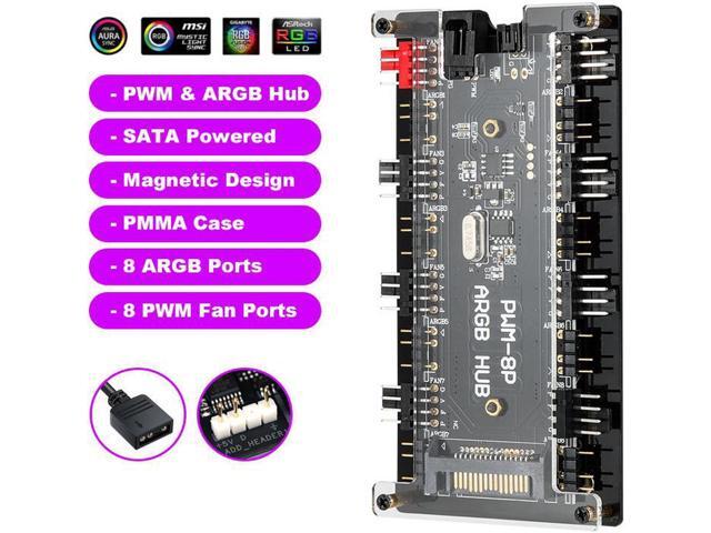 2-in-1 PWM & ARGB Controller Hub 8 Ports 12V 4Pin Fan & 5V 3Pin AURA Wireless IR Remote Adapter with PMMA Case and Magnetic Standoff for Cooling...