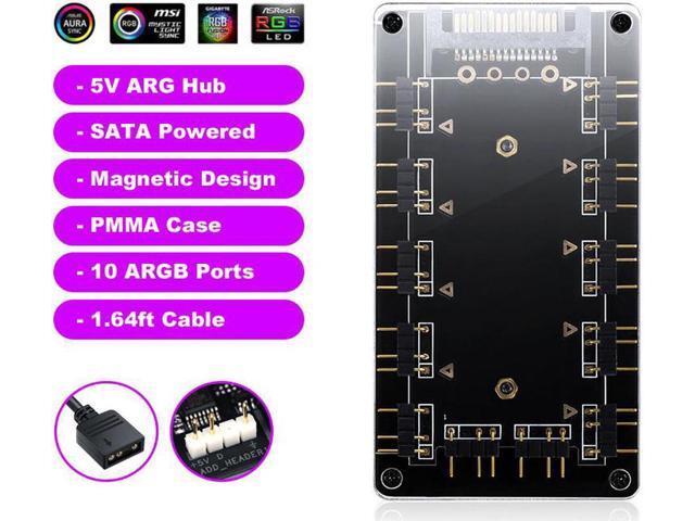 ARGB Hub 5V 3Pin SYNC 11 Ports Splitter w/ Magnetic Standoff & PMMA Case,SATA to 3pin Addressable RGB Adpater for LED Strip Lighting,Fans & Cooler-...