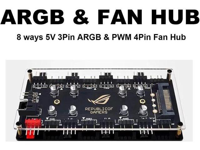 4Pin PWM Hub & 5V 3Pin ARGB with SATA Power 2-in-1 8 Way Sync CPU Cooling Fan Addressable RGB Lighting PCB Splitter for Extended Motherboard...
