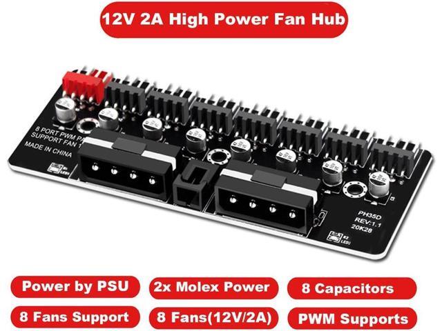 8 Ports 12V/2A High Power Chassis Fan Hub,4 Pin PWM CPU Cooler / Case / Chasis Cooling Fan Power Cable Splitter Adapter w/Self-sticker,Power by...