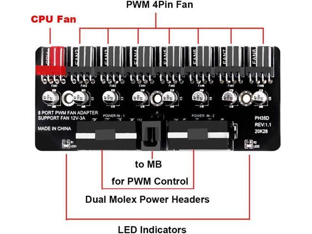 8 Ports 12V/2A High Power Chassis Fan Hub,4 Pin PWM CPU Cooler / Case / Chasis Cooling Fan Power Cable Splitter Adapter w/Self-sticker,Power by...