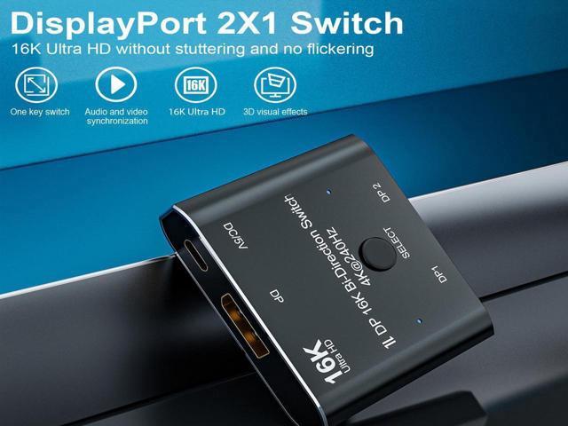 16K@60Hz DP 2x1 Bi-Direction Switch DisplayPort-compatible 8K@120Hz 4K@240Hz Switcher Converter for Multiple Source and Displays Video Converter