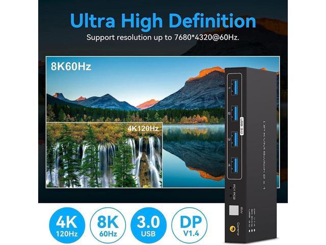 USB 3.0 KVM Switch DisplayPort 1.4 for 2 Computers with 8K@60Hz / 4K@120Hz / 4K@144Hz Display Port Video & 4x 5Gbps USB Ports, FreeSync, G-SYNC and...